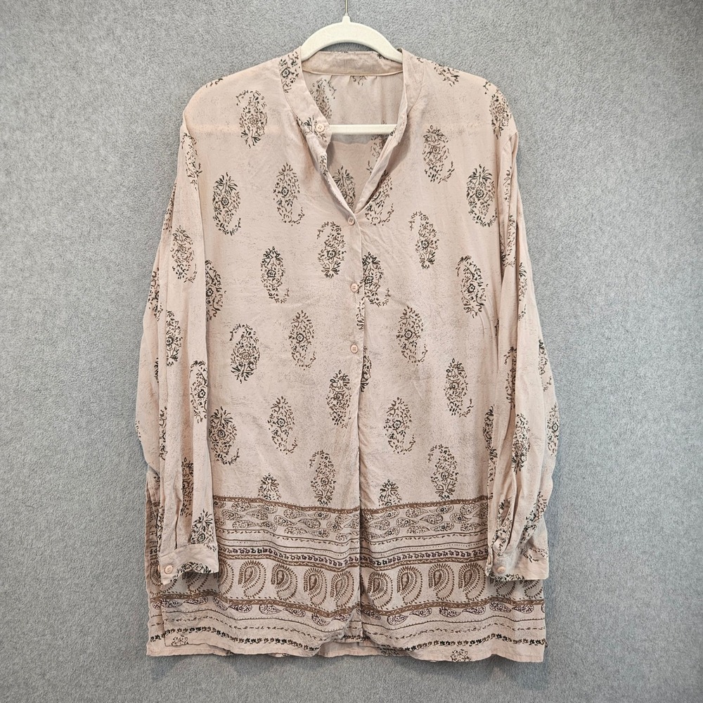 Silk Lore by Beth Terrell Button Down Women L Tan Paisley 100% Silk Boho Blouse